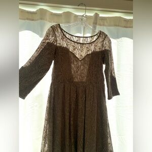 VGUC Free People XS Lace Overlay Dress Taupe Lined Sweetheart Babydoll Boatneck